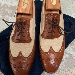 Mixed Media Brown Leather/Tan Linen Wingtip Shoe!